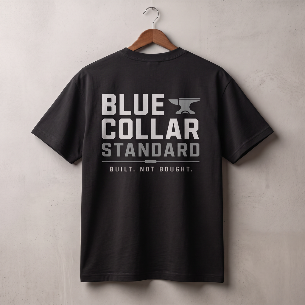 Blue Collar Standard Core Tee, back view, drop shoulders and ribbed collar