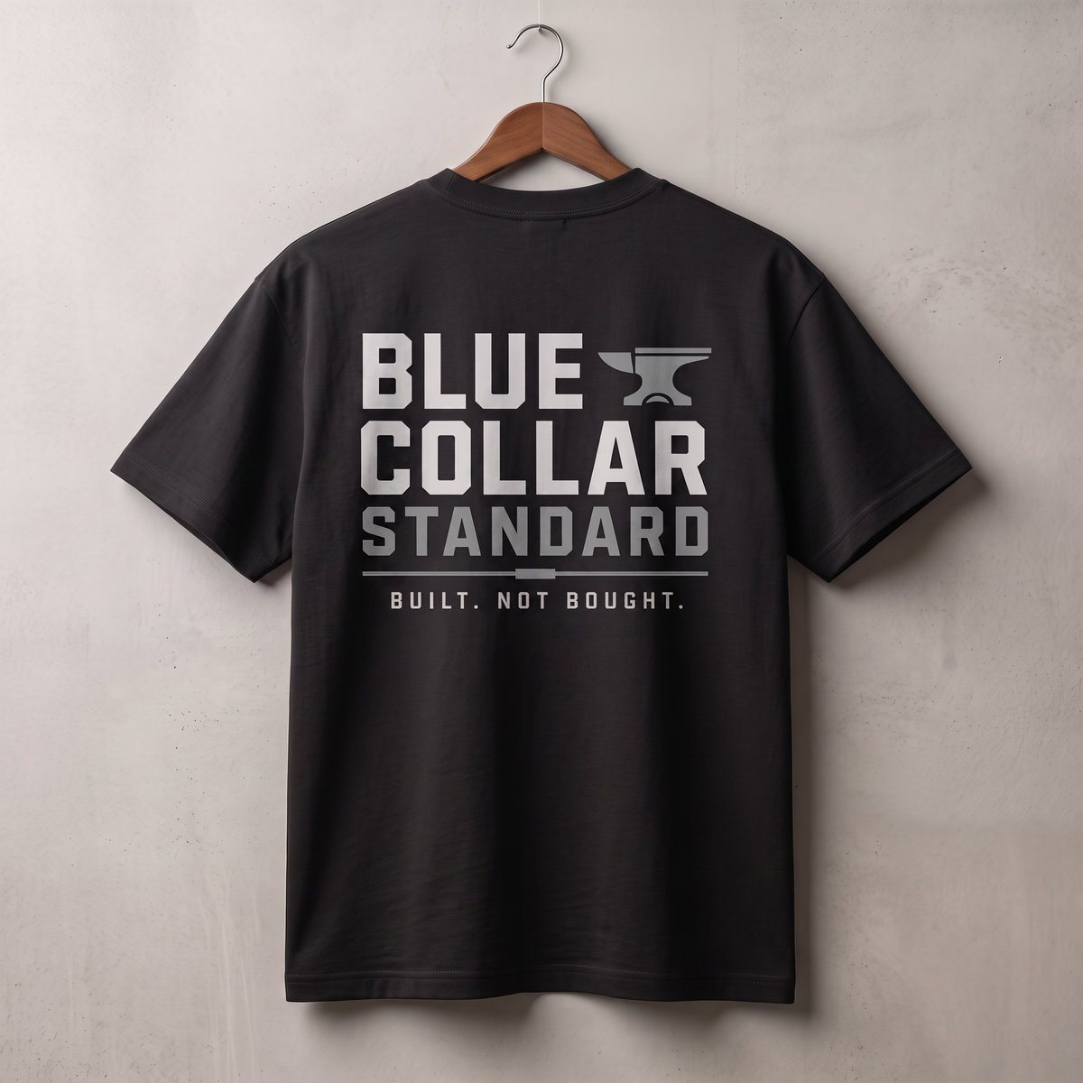 Blue Collar Standard Core Tee, back view, drop shoulders and ribbed collar