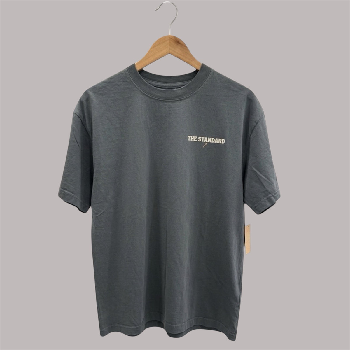 Charcoal Sledgehammer Graphic Tee, front view with small The Standard chest print