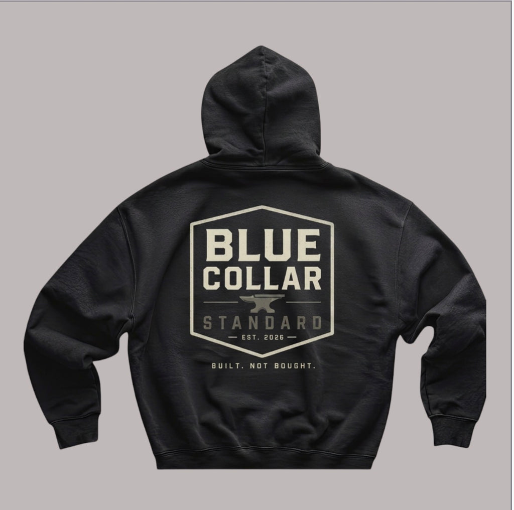 Blue Collar Standard Mark Hoodie in a boxy fit with dropped shoulders, shown in 9.4 oz. heavyweight brushed fleece