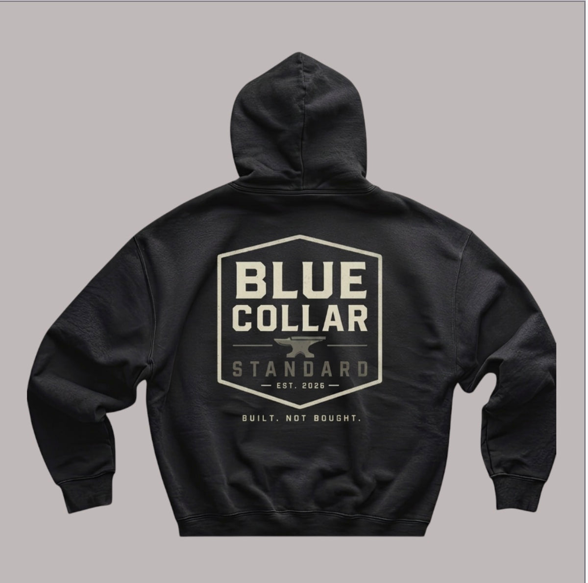 Blue Collar Standard Mark Hoodie in a boxy fit with dropped shoulders, shown in 9.4 oz. heavyweight brushed fleece