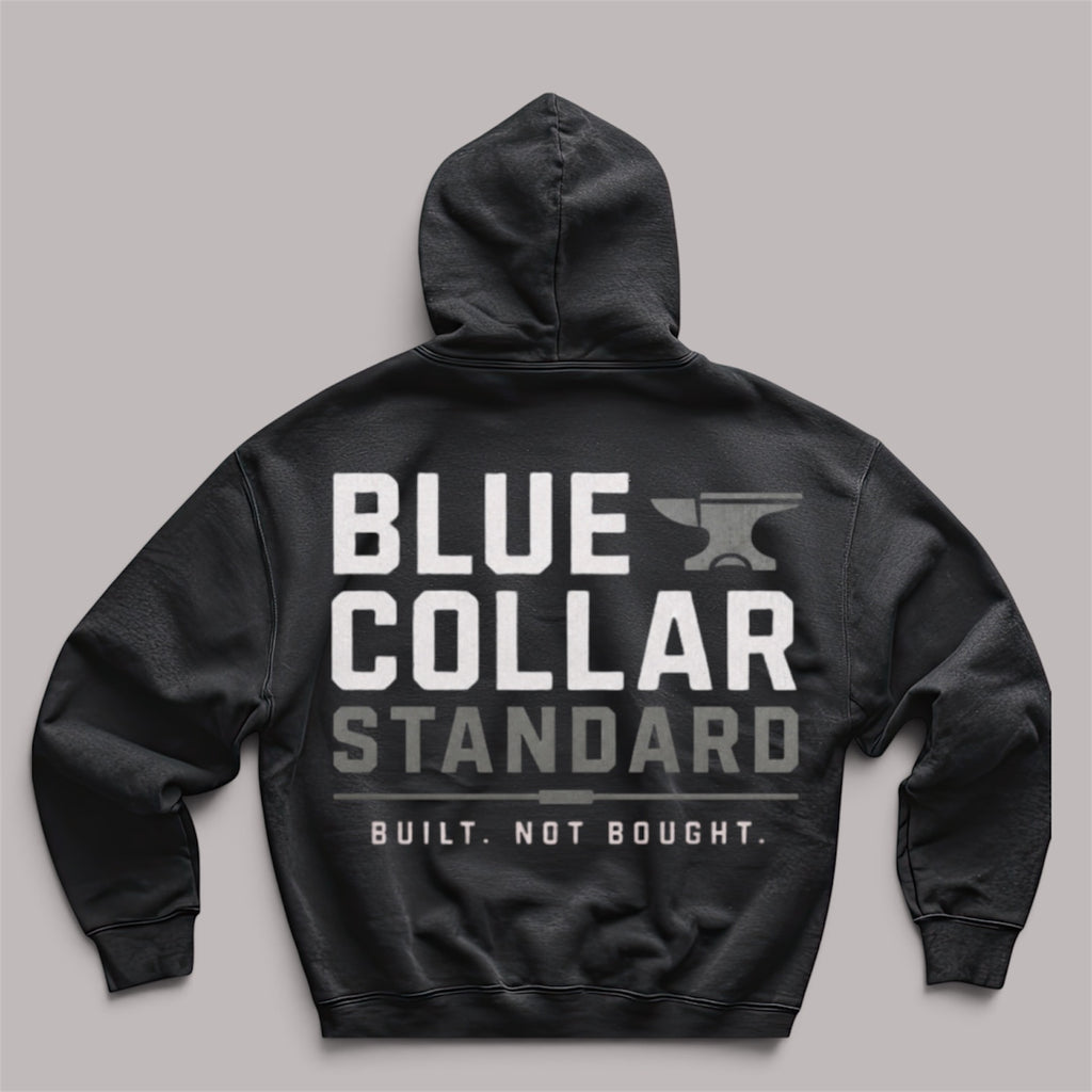 Blue Collar Standard Core Hoodie, double-lined hood and flat drawcord detail