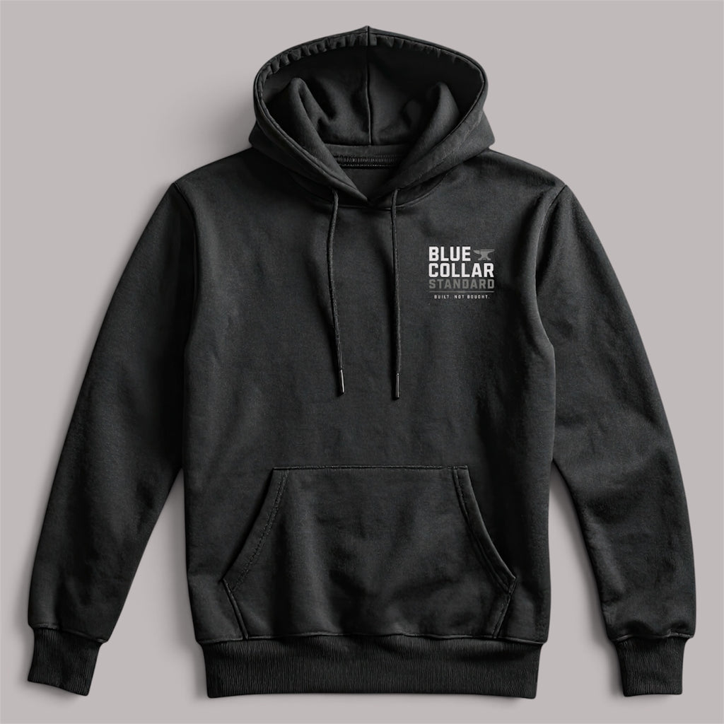 Blue Collar Standard Core Hoodie, front view, lightweight 7.5 oz. cotton-poly fleece with kangaroo pocket