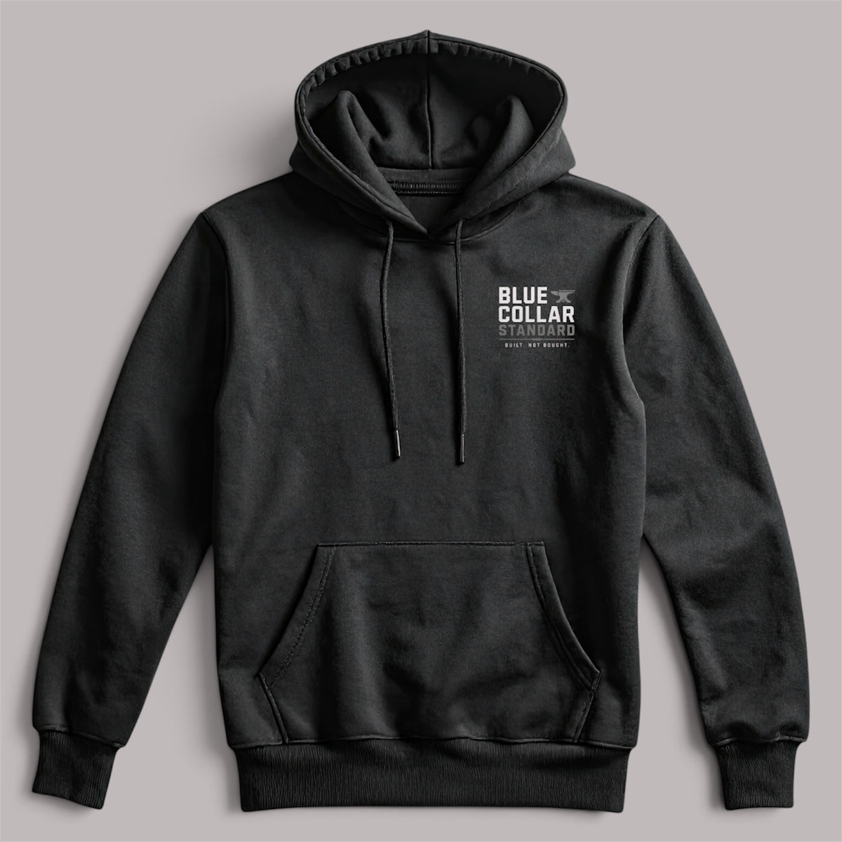 Blue Collar Standard Core Hoodie, front view, lightweight 7.5 oz. cotton-poly fleece with kangaroo pocket