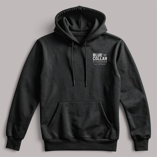 Blue Collar Standard Core Hoodie, front view, lightweight 7.5 oz. cotton-poly fleece with kangaroo pocket