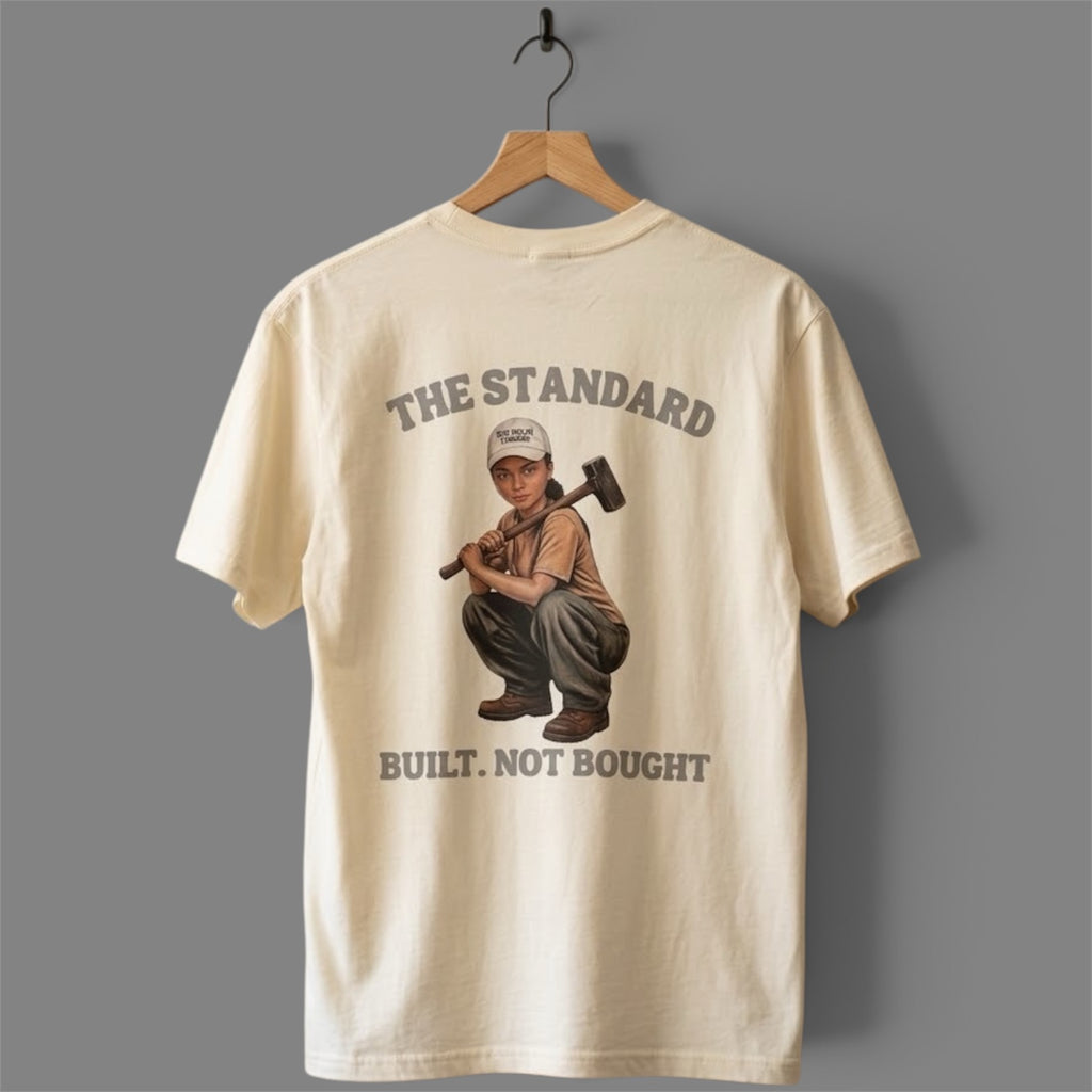 Bone Sledgehammer Graphic Tee, back view with hard-hat woman and Built. Not Bought. artwork