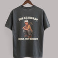 Charcoal Sledgehammer Graphic Tee, back view with hard-hat woman and Built. Not Bought. artwork