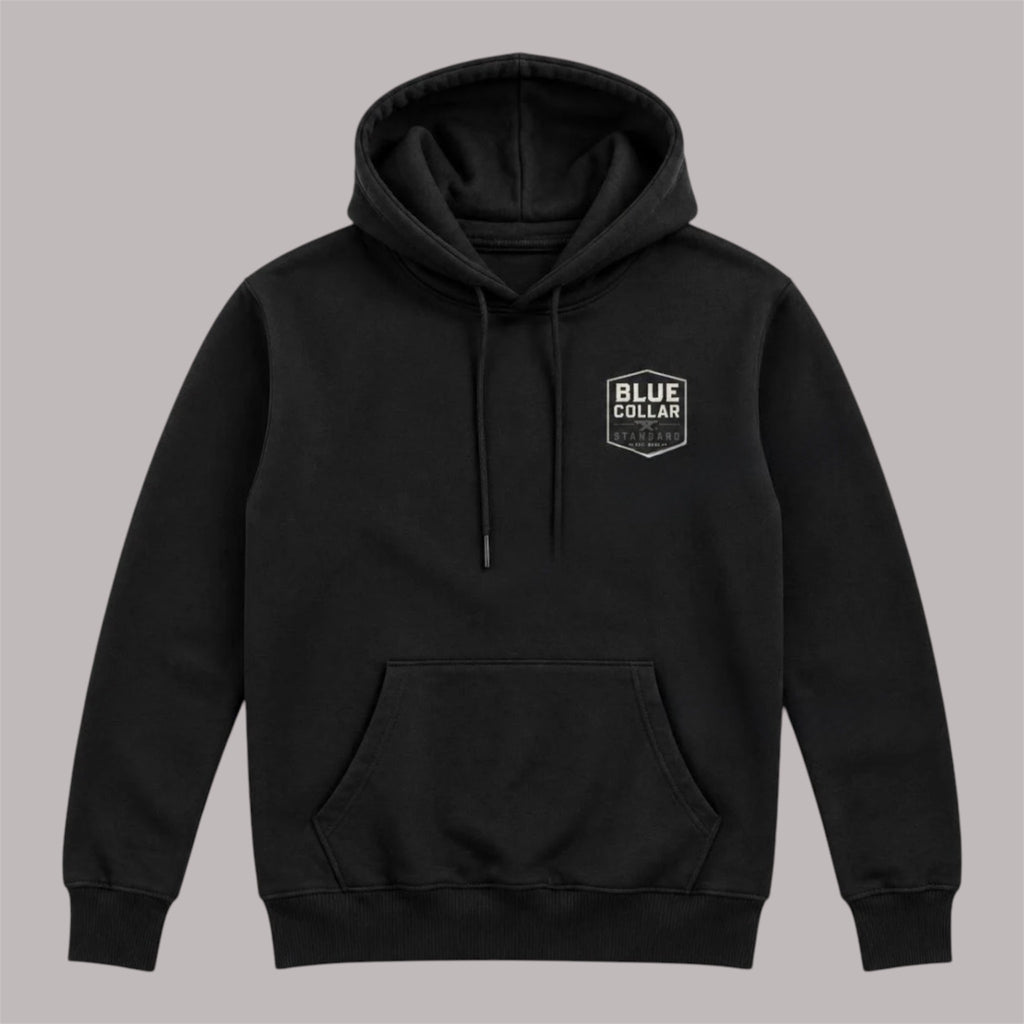 Blue Collar Standard Mark Hoodie detail showing the lined pullover hood and front kangaroo pocket