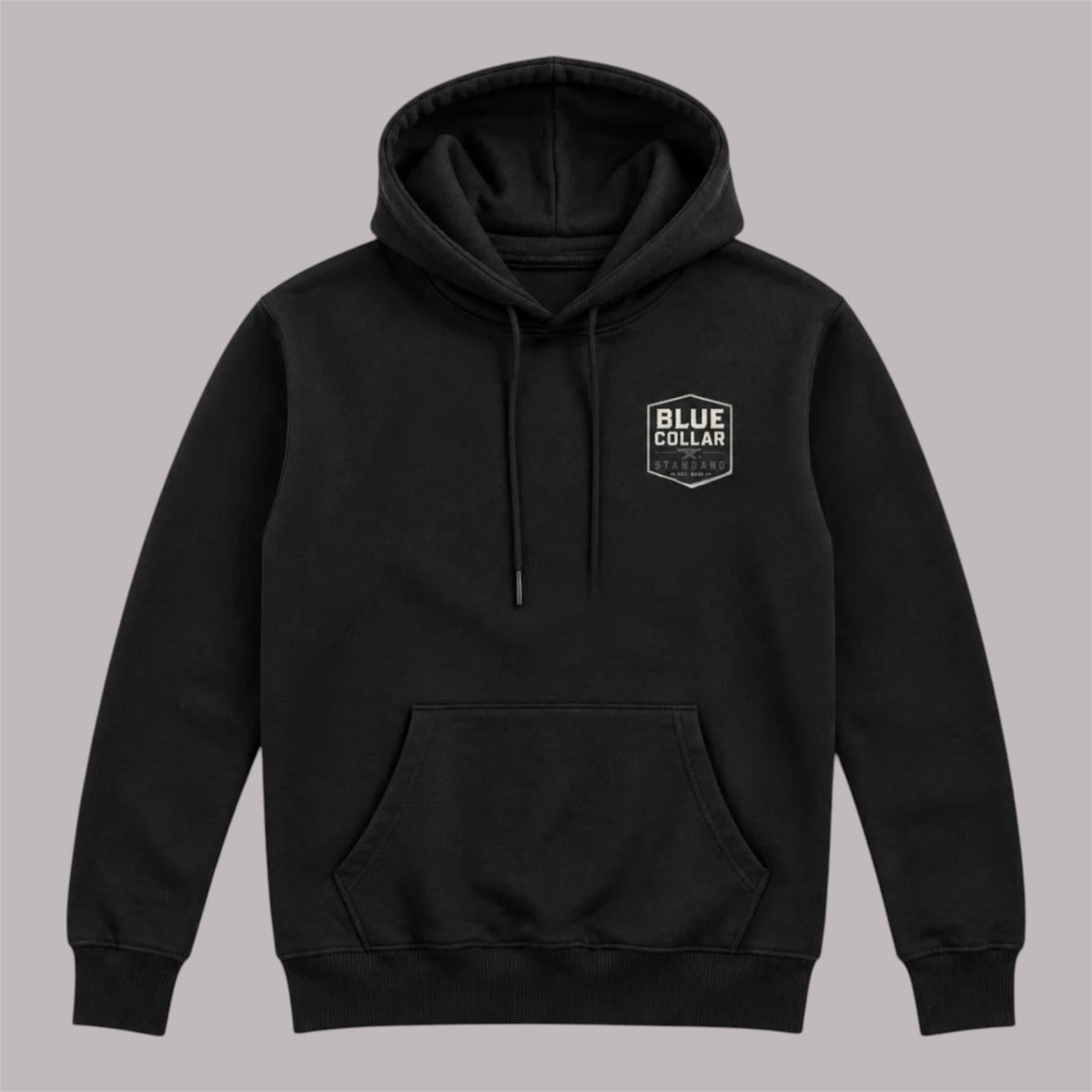 Blue Collar Standard Mark Hoodie detail showing the lined pullover hood and front kangaroo pocket