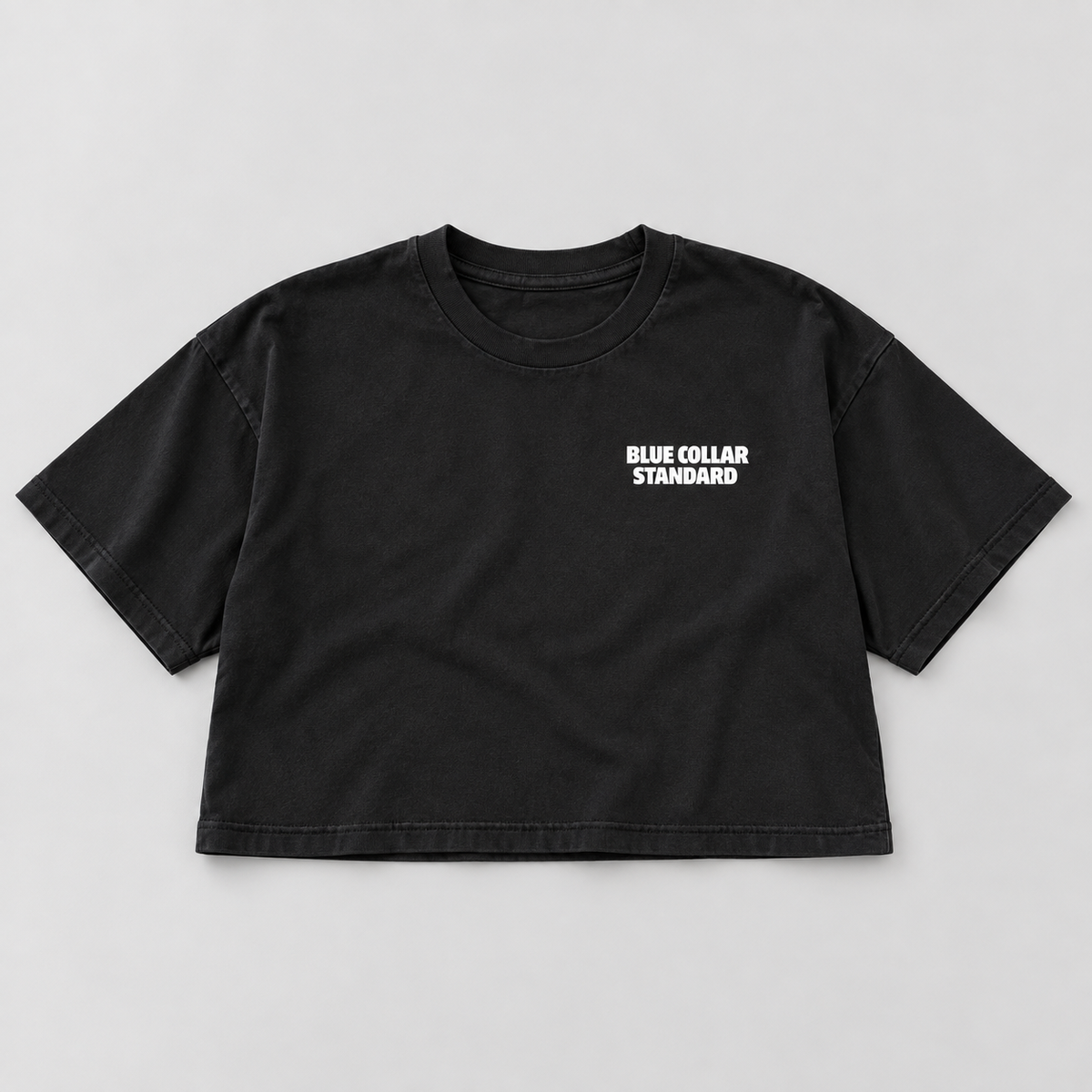 Black Standard Heavyweight Crop Tee, front view with white Blue Collar Standard chest logo