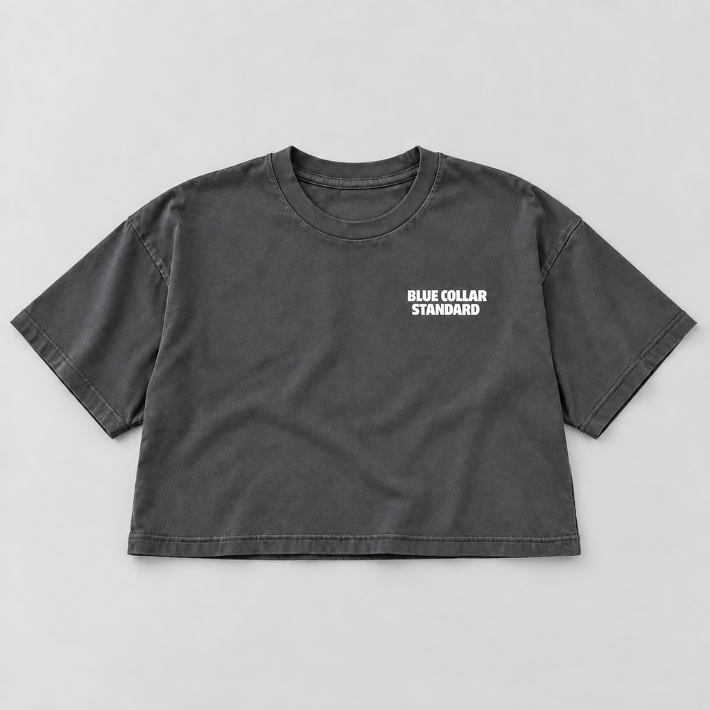 Charcoal Standard Heavyweight Crop Tee, front view with white Blue Collar Standard chest logo
