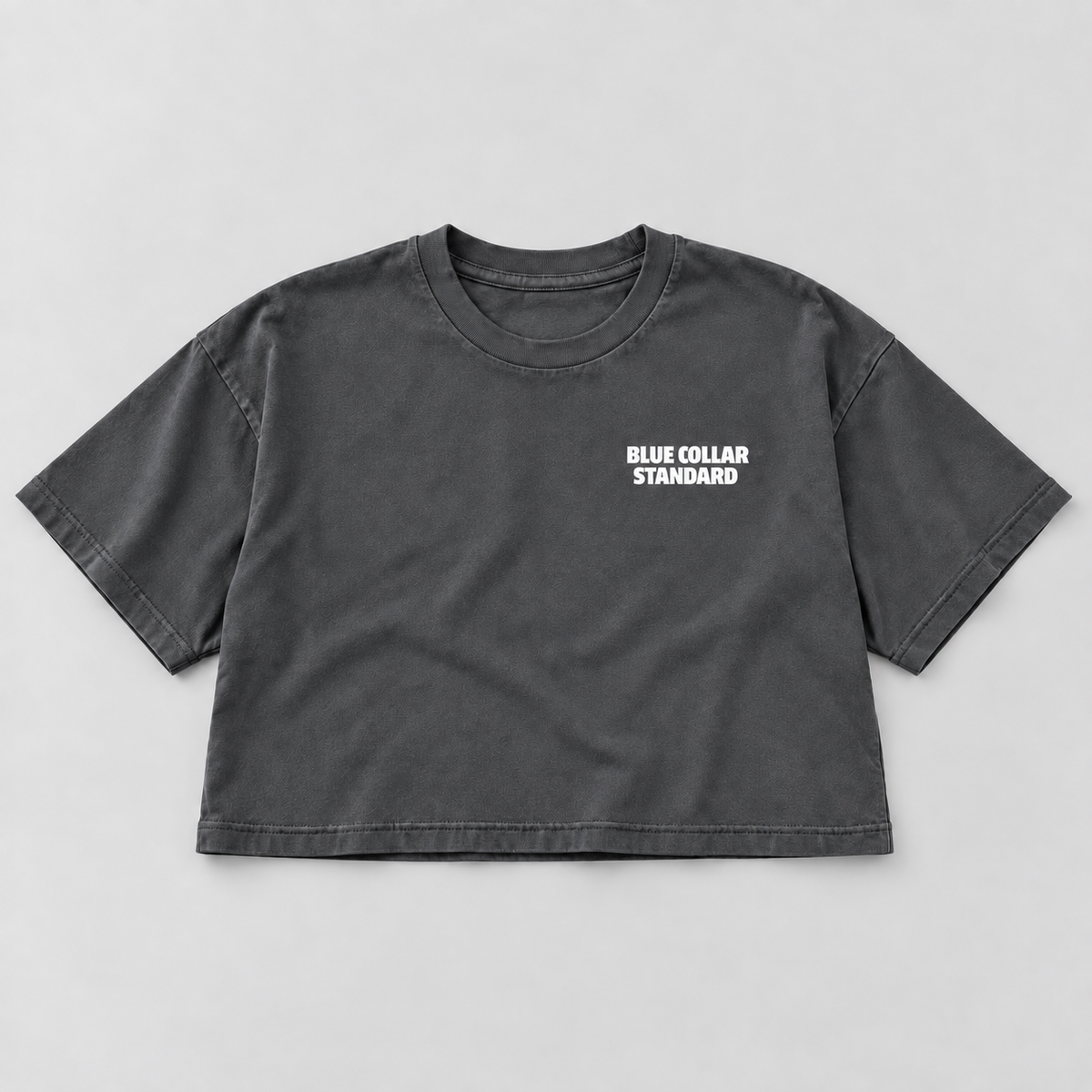 Charcoal Standard Heavyweight Crop Tee, front view with white Blue Collar Standard chest logo