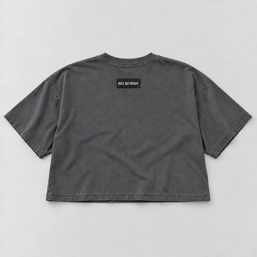 Charcoal Standard Heavyweight Crop Tee, back view with Built. Not Bought. woven shoulder label