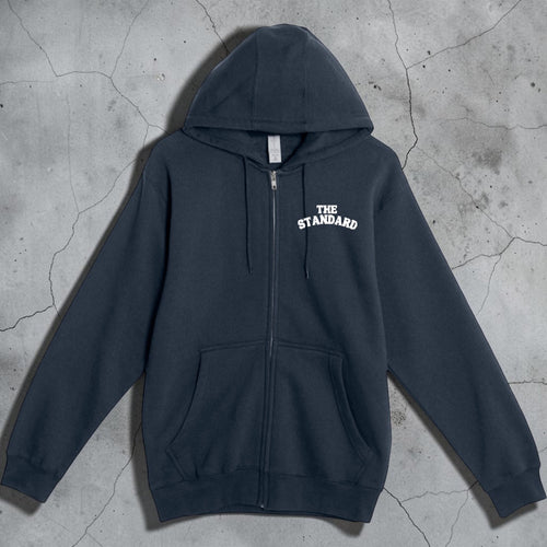 Blueprint Zip Hoodie in navy, kangaroo pocket and ribbed waistband detail, back or side view