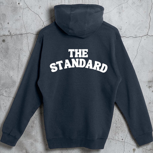 Blueprint Zip Hoodie in navy, full-length YKK zipper and fleece-lined hood, front view