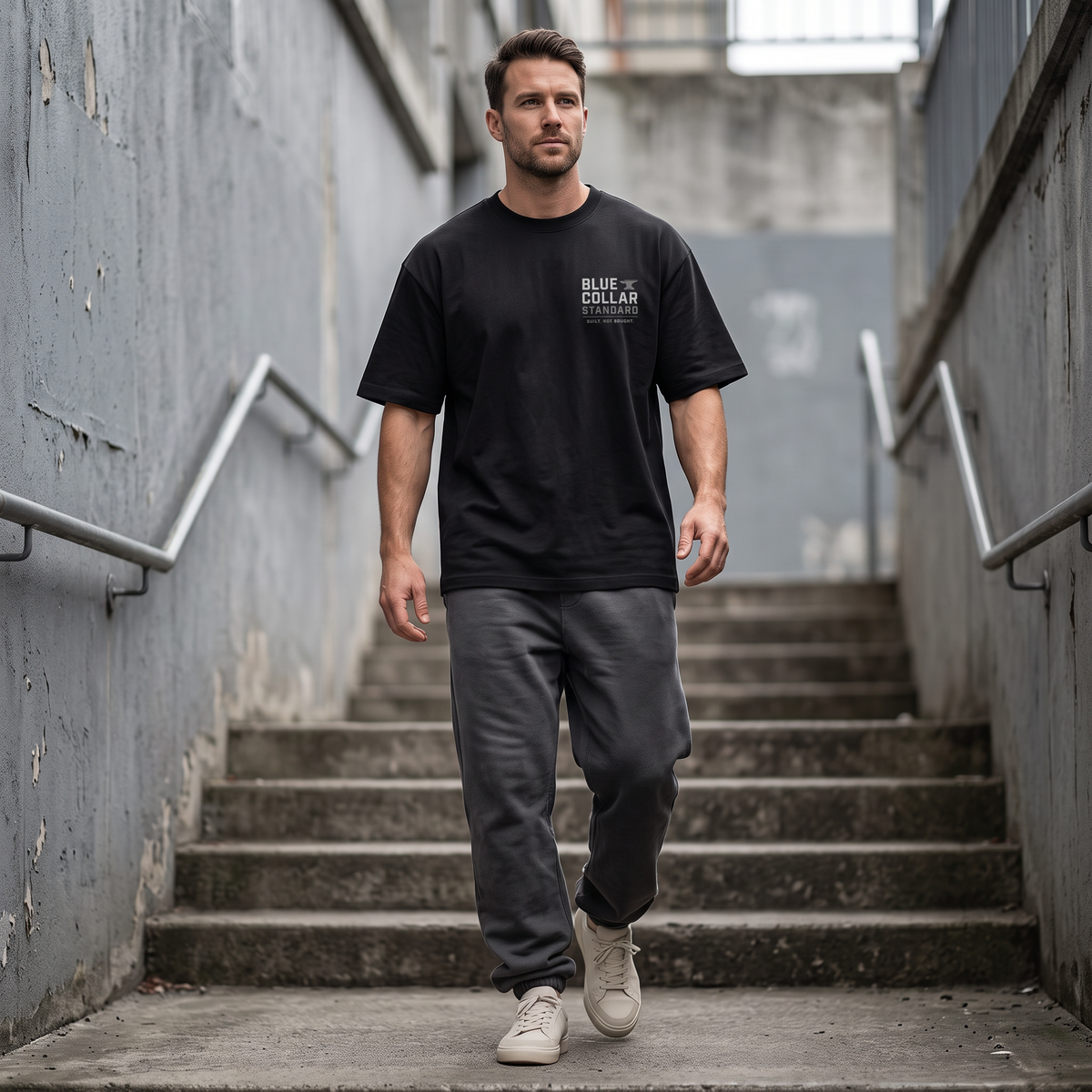 Man wearing Blue Collar Standard Core Tee, boxy oversized fit