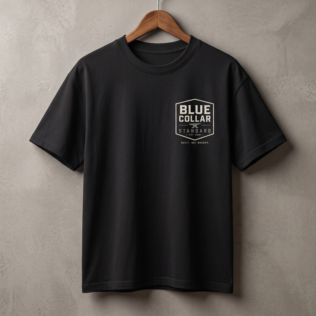 Blue Collar Standard Shield Tee in Black, 6.1oz garment-dyed cotton, relaxed fit