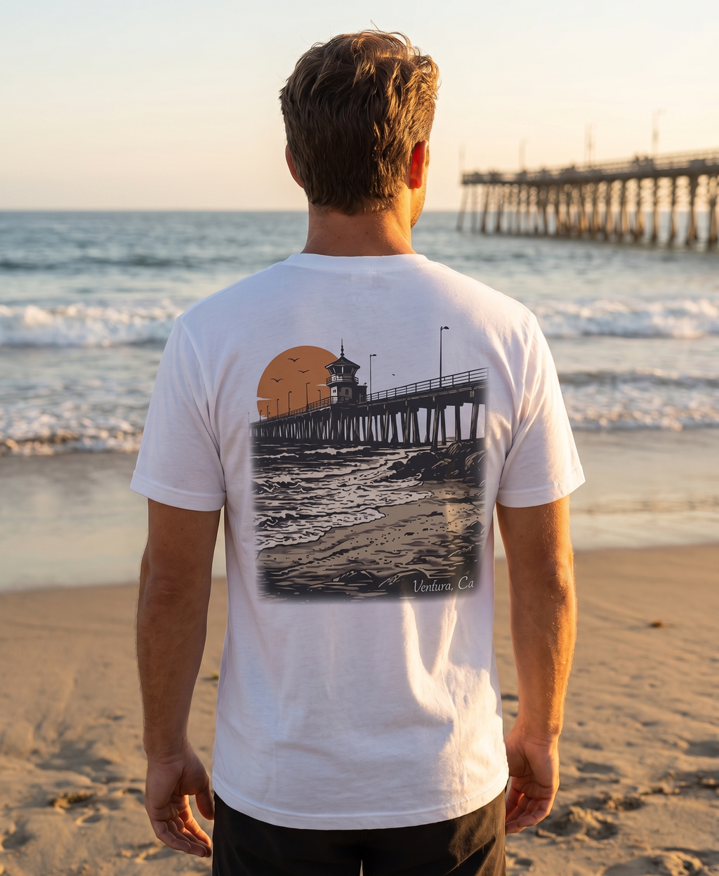 Ventura Tee in White – close-up detail of Ventura Pier chest logo print