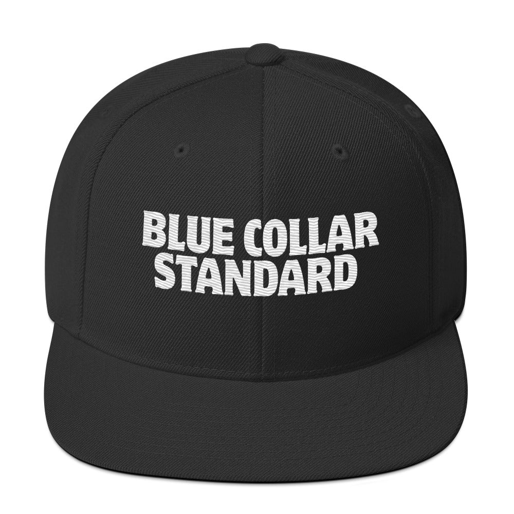 BCS 6-panel snapback hat in black, alternate angle showing flat bill profile