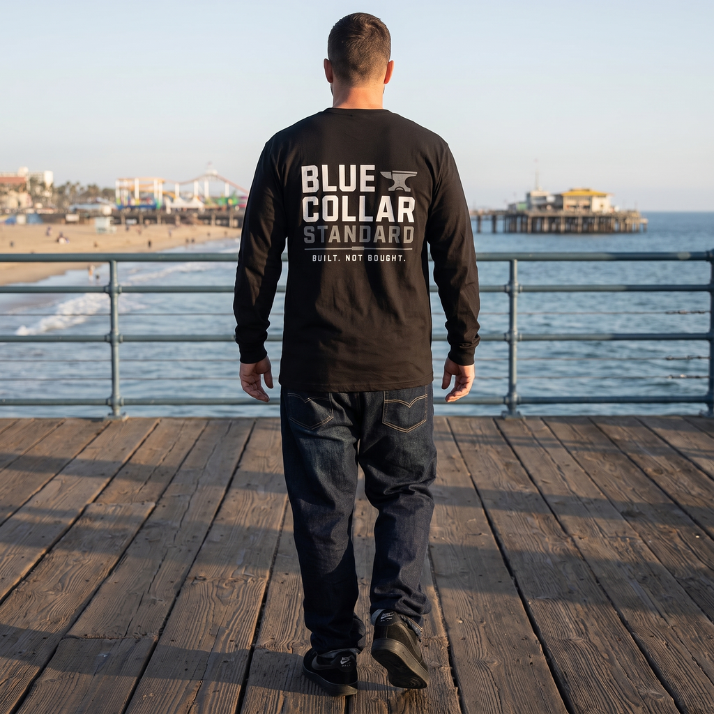 Blue Collar Standard Weekend Long Sleeve in Black, lightweight relaxed fit long sleeve tee, Santa Monica Pier backdrop