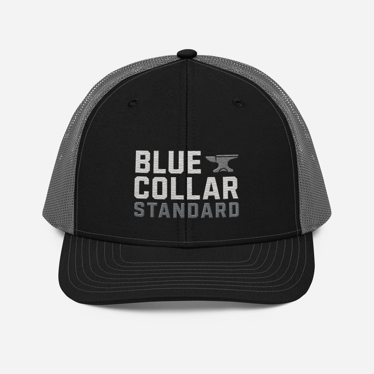 BCS Core Trucker Cap in black and charcoal - alternate view showing breathable mesh back and adjustable snapback closure